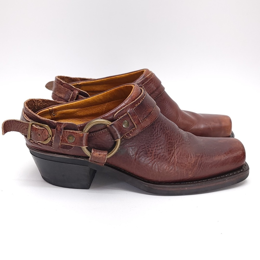 Frye Womens Leather Belted Harness Mules Shoes 70760‎ Square Slip-On Brown 7.5 M